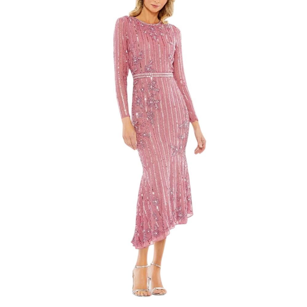 Mac Duggal 93627 Pink Evening Gown Sequined Long Sleeve High Low Dress Size 16